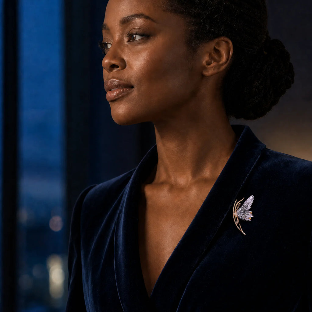 Purple gradient Isla Butterfly Brooch worn at true 8.3 cm scale on a navy velvet blazer