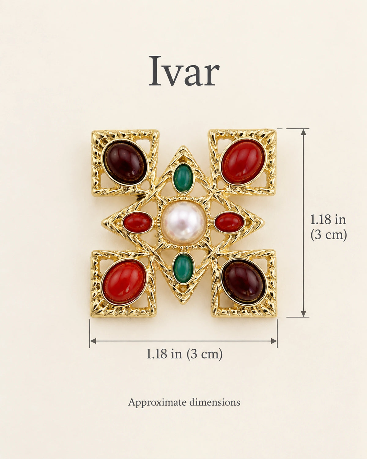 Ivar Red and Green Cross Brooch — approximate width and height guide