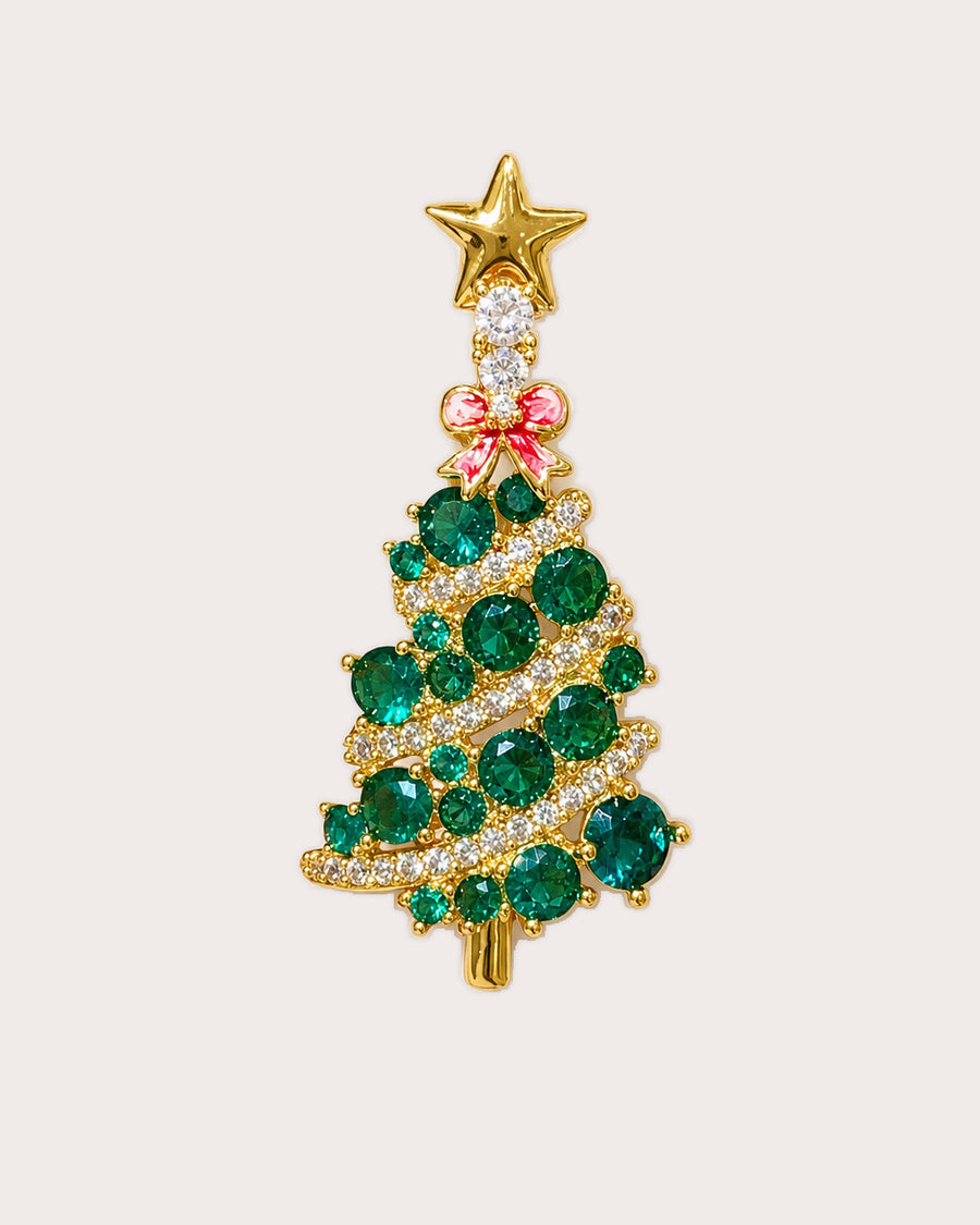 Joulu Bow Christmas Tree Brooch with green stones, a red bow and a gold-tone star.