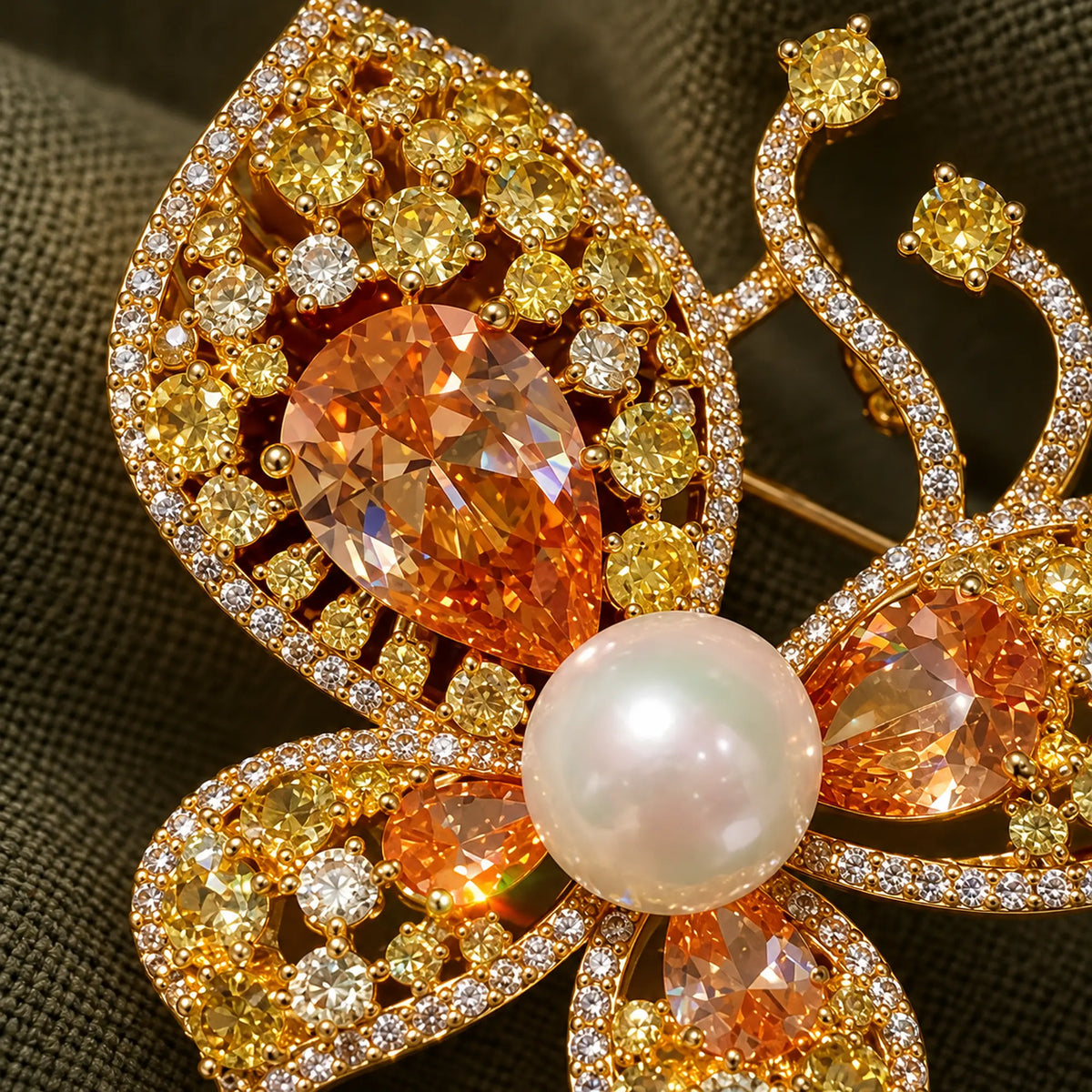 Champagne zircon and a pearl-look centre rise above the gold-plated openwork.