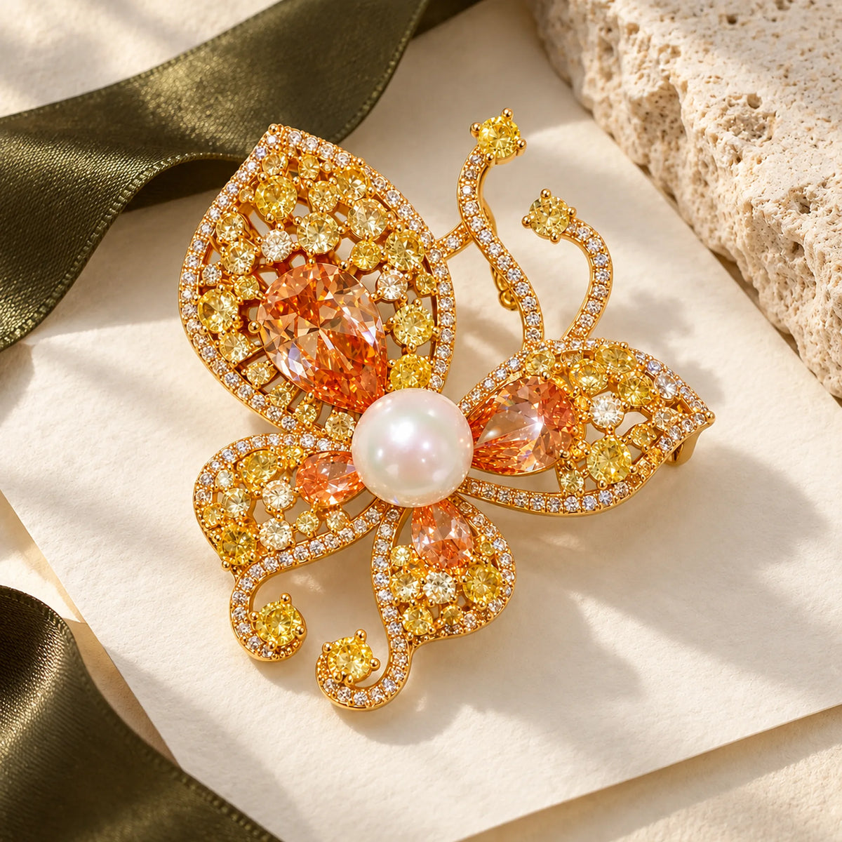 Complete Kaisa Champagne Zircon Butterfly Brooch resting on ivory paper beside silk and pale limestone.