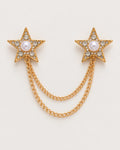 Kaksi Twin Star Lapel Chain Brooch in gold-tone finish; complete front view