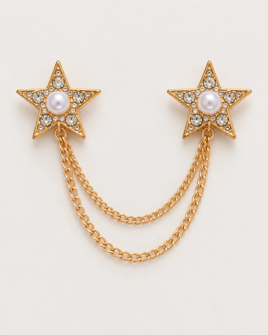 Kaksi Twin Star Lapel Chain Brooch in gold-tone finish; complete front view