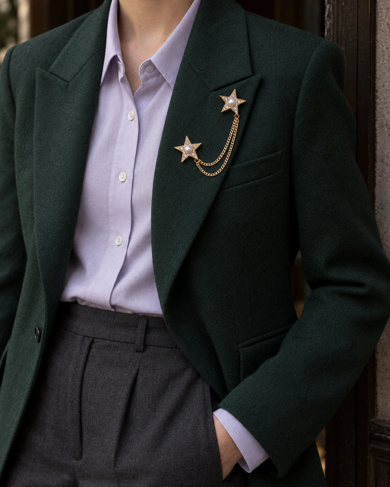 Kaksi Twin Star Lapel Chain Brooch in gold-tone finish; wider faceless jacket styling