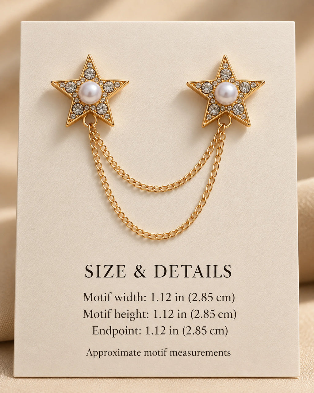 Kaksi Twin Star Lapel Chain Brooch in gold-tone finish; motif and endpoint dimensions