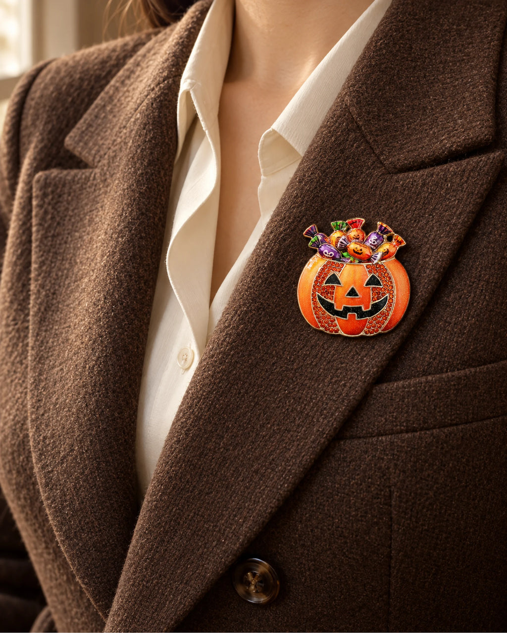 The orange candy pumpkin sits inside a chocolate lapel over a cream shirt.