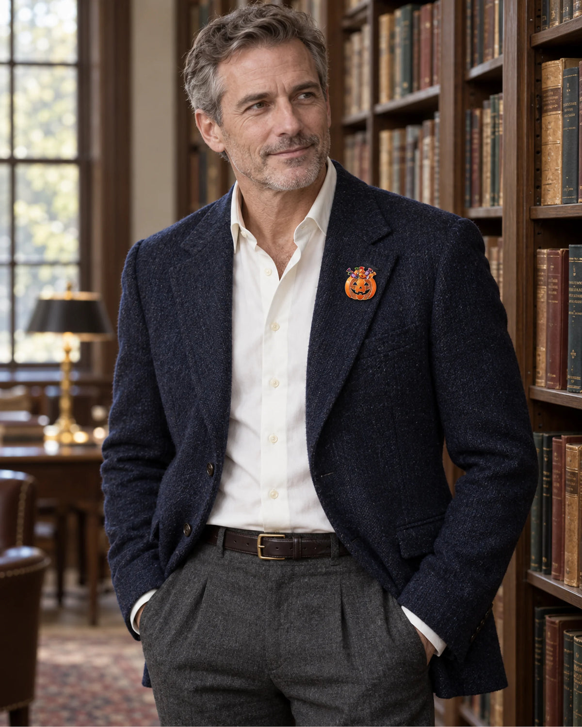 The small orange pumpkin brings a seasonal accent to navy tweed and an ivory shirt.