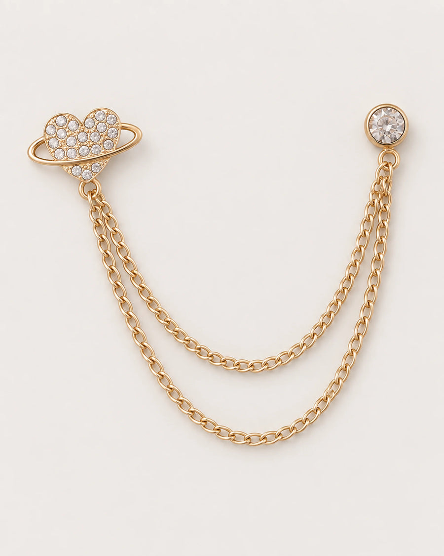 Keha Orbit Heart Lapel Chain Brooch in gold-tone finish; complete front view