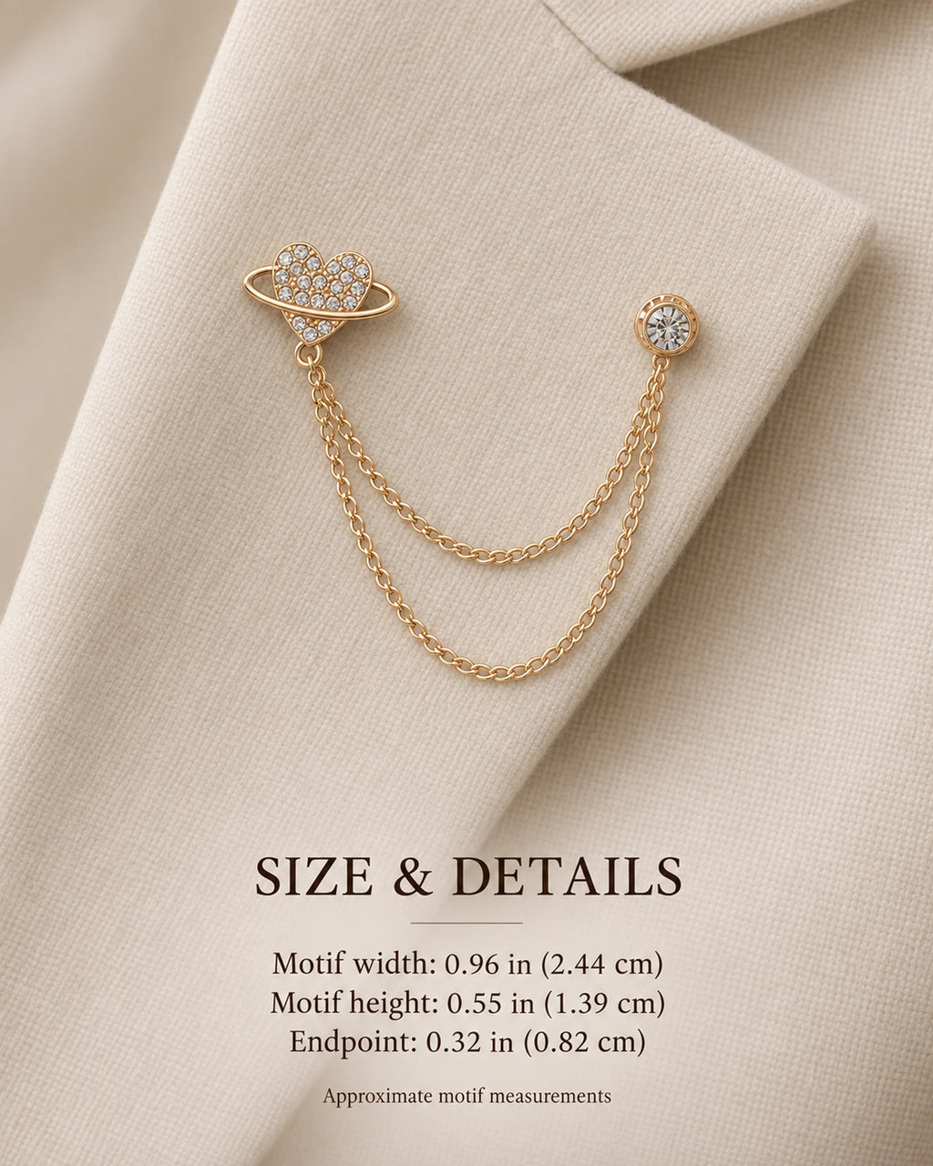 Keha Orbit Heart Lapel Chain Brooch in gold-tone finish; motif and endpoint dimensions