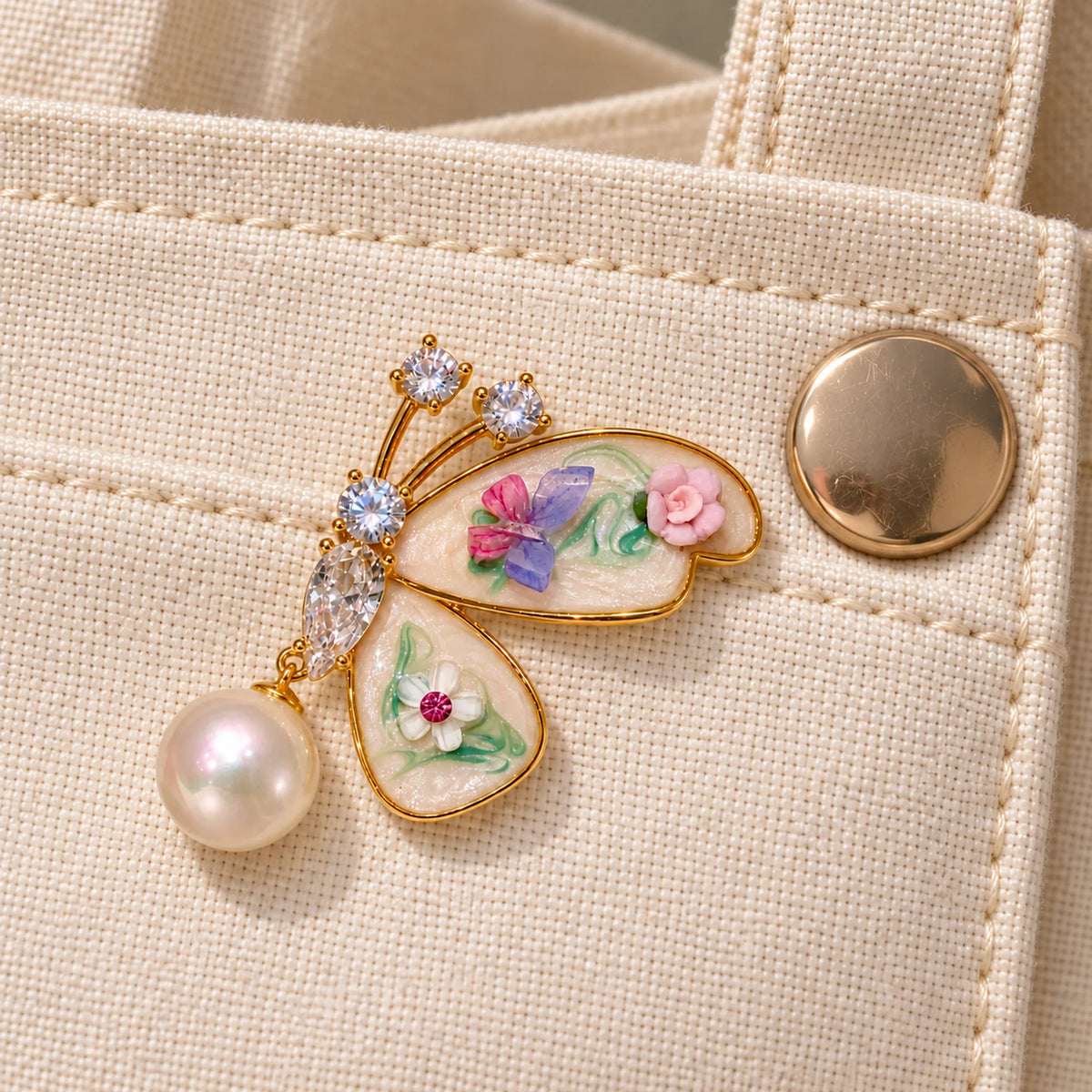 Kielo butterfly brooch secured to the reinforced fabric pocket of a cream woven tote.