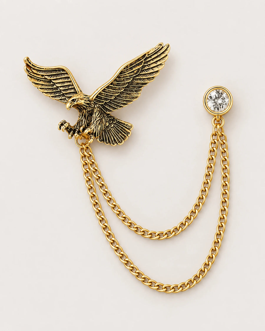 Kotka Eagle Lapel Chain Brooch in gold-tone finish; complete front view