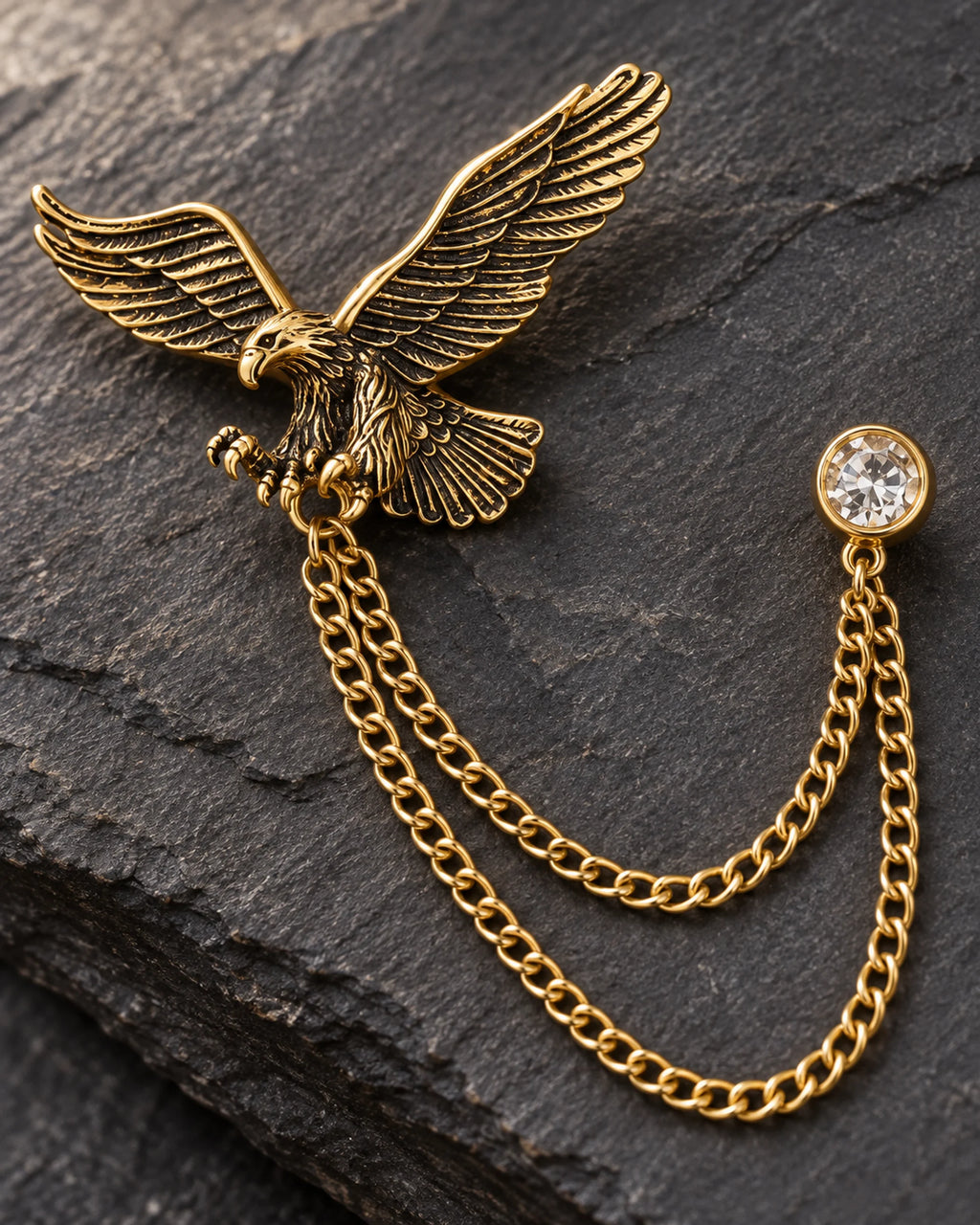 Kotka Eagle Lapel Chain Brooch in gold-tone finish; motif and chain detail
