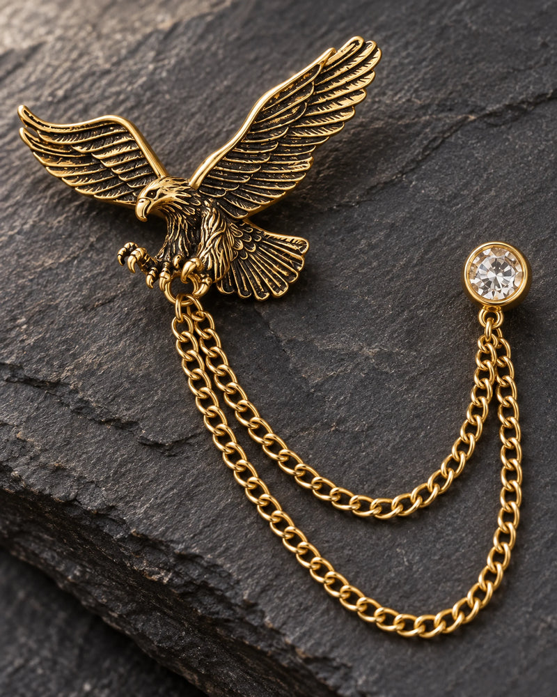 Kotka Eagle Lapel Chain Brooch in gold-tone finish; motif and chain detail