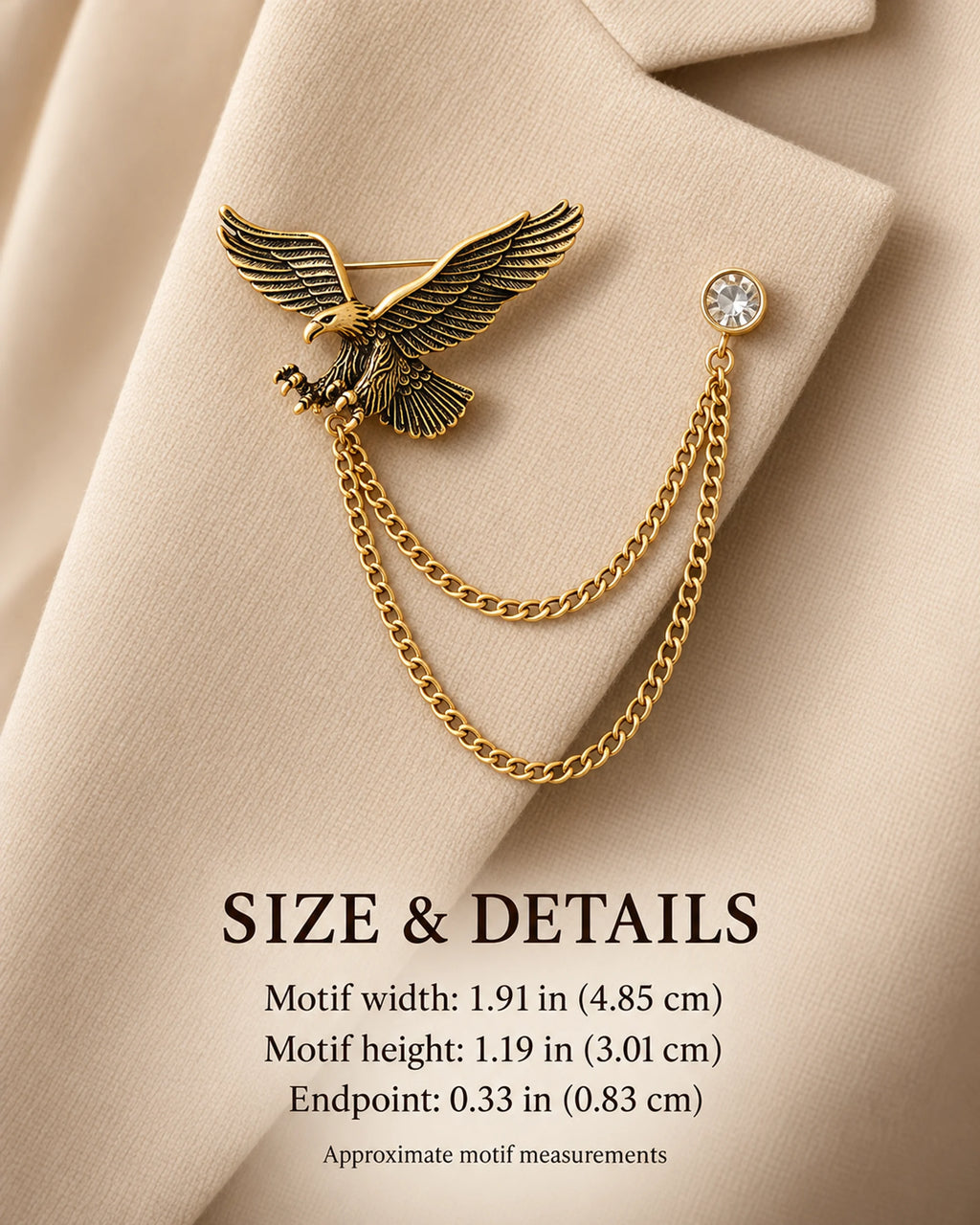 Kotka Eagle Lapel Chain Brooch in gold-tone finish; motif and endpoint dimensions