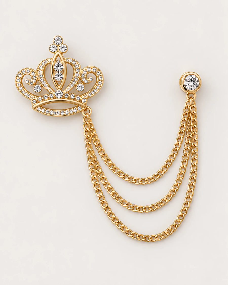 Kruunu Openwork Crown Lapel Chain Brooch in gold-tone finish; complete front view