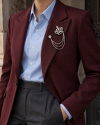 Kruunu Openwork Crown Lapel Chain Brooch in silver-tone finish; wider faceless jacket styling