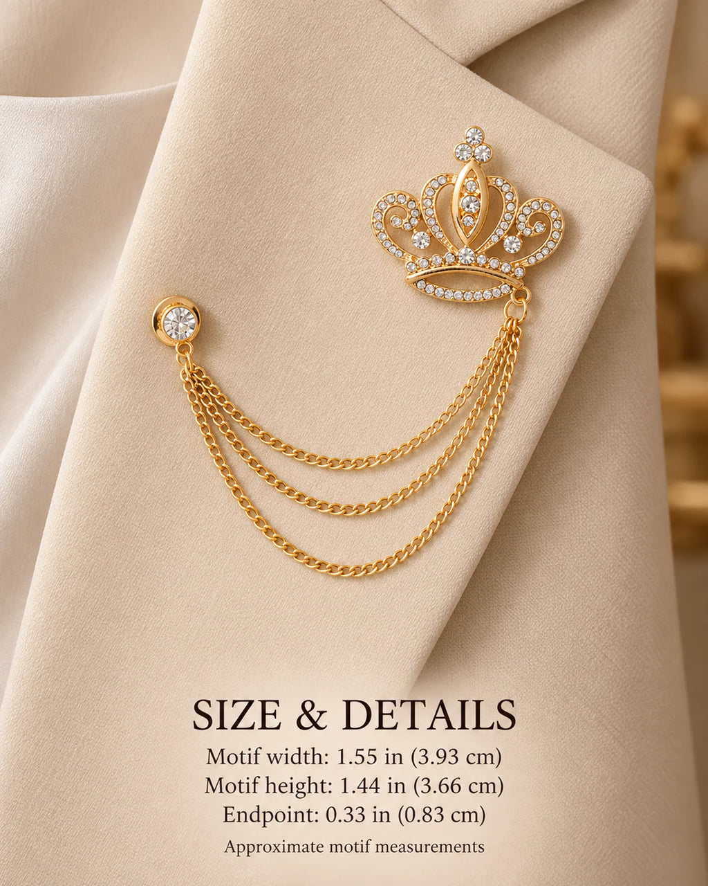 Kruunu Openwork Crown Lapel Chain Brooch in gold-tone finish; motif and endpoint dimensions