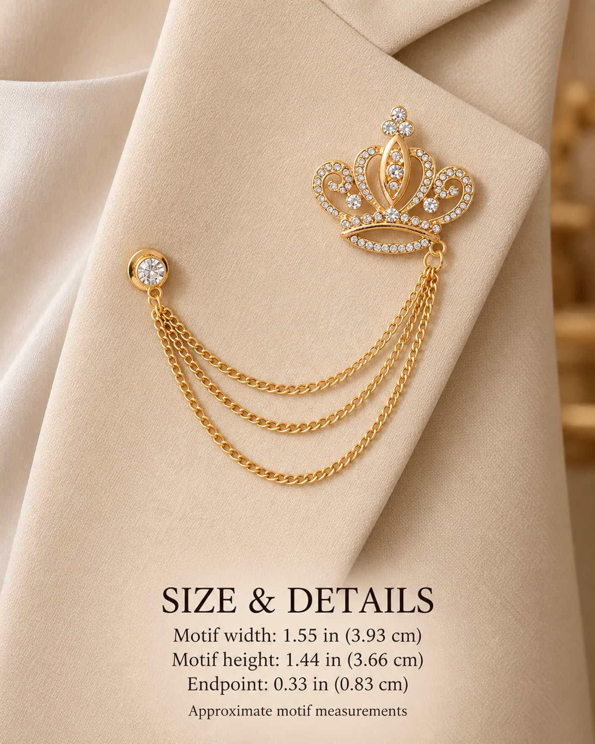 Kruunu Openwork Crown Lapel Chain Brooch in gold-tone finish; motif and endpoint dimensions