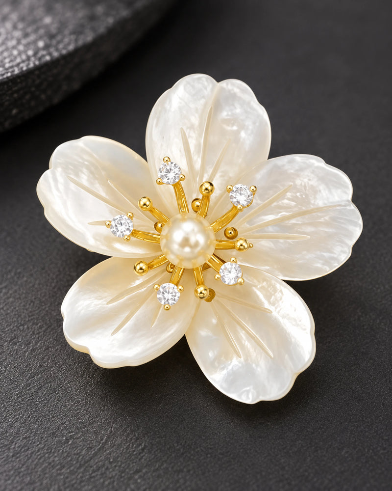 Kukka Shell Blossom Magnetic Brooch, Gold & White, detail close-up