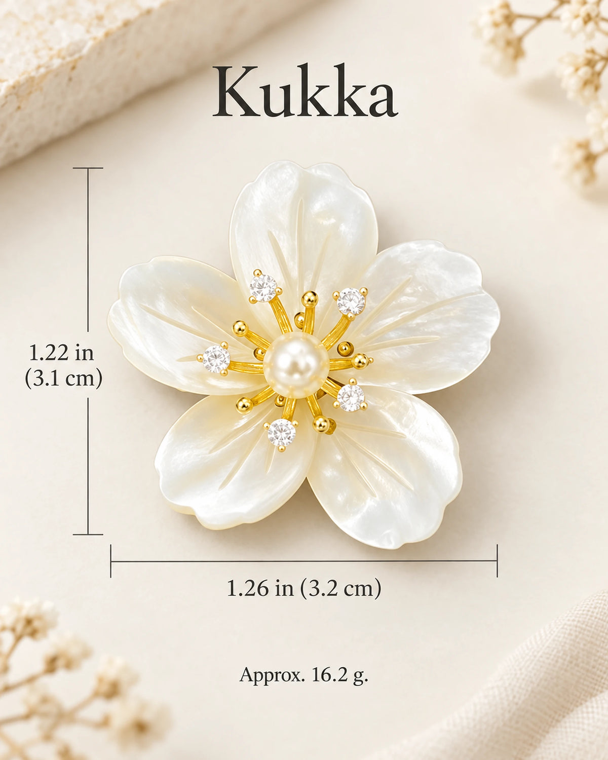 Kukka Shell Blossom Magnetic Brooch size guide: 3.2 cm wide, 3.1 cm high, 16.2 g