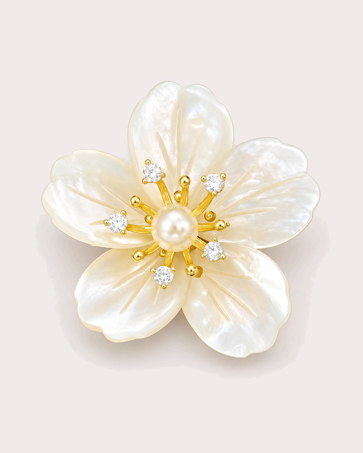 Kukka Shell Blossom Magnetic Brooch, Gold & White, front product view