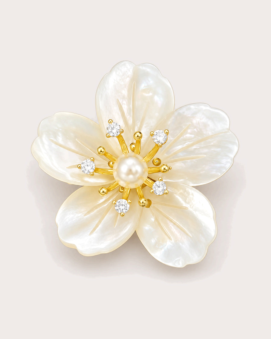 Kukka Shell Blossom Magnetic Brooch, Gold & White, front product view