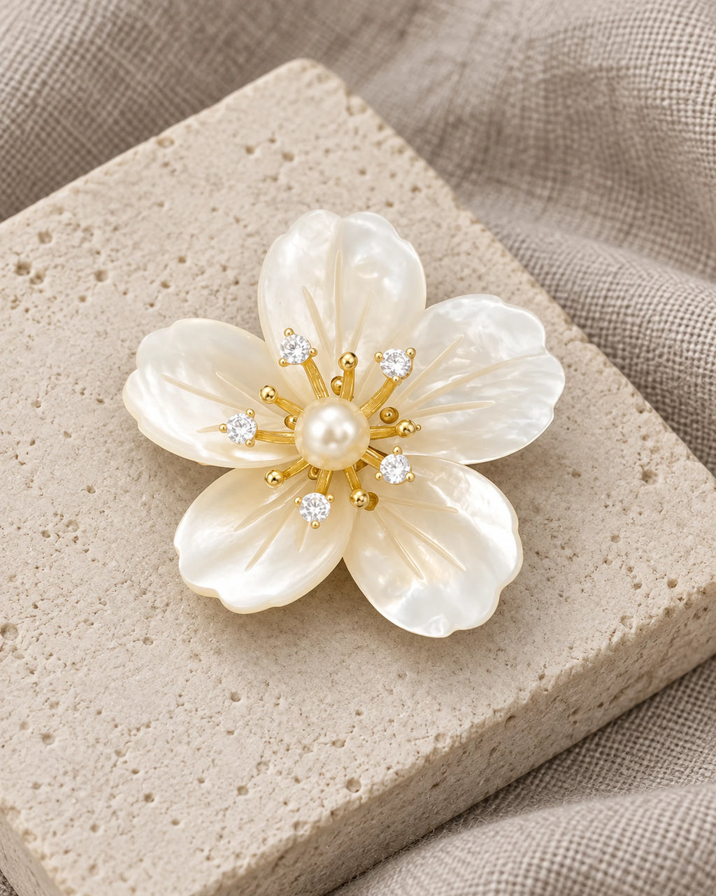 Kukka Shell Blossom Magnetic Brooch, Gold & White, product still life
