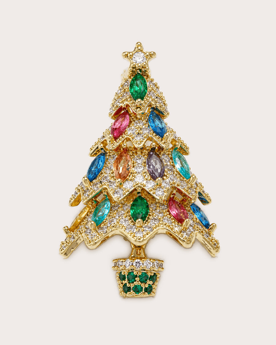 Multicolor Kuusi Christmas tree brooch with marquise stones, star and small green-stone pot.