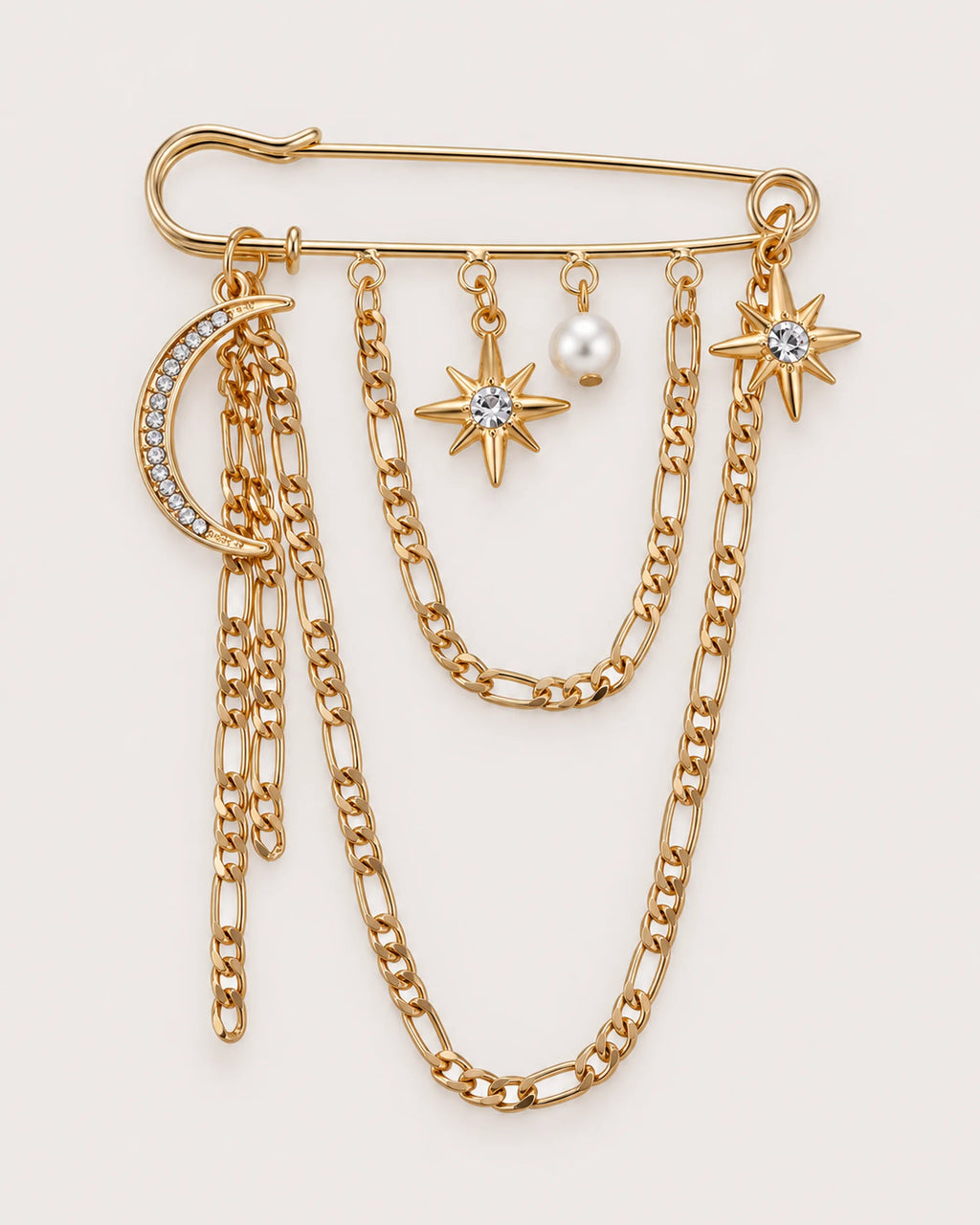 Kuutar Moon and Star Safety Pin Brooch in gold-tone finish — product-only front view