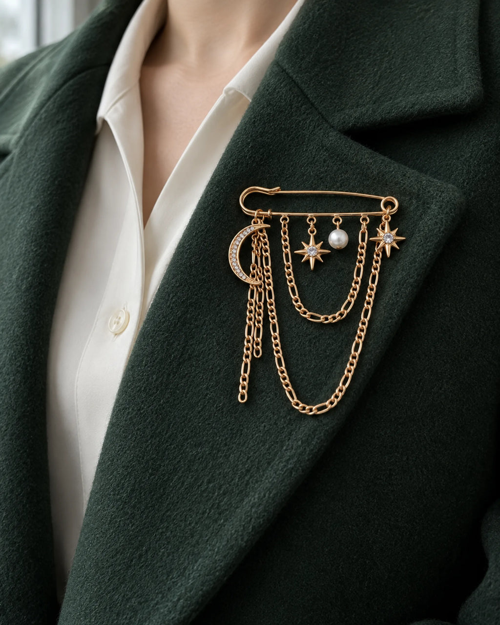 Kuutar Moon and Star Safety Pin Brooch in gold-tone finish — close wearing view on a jacket lapel