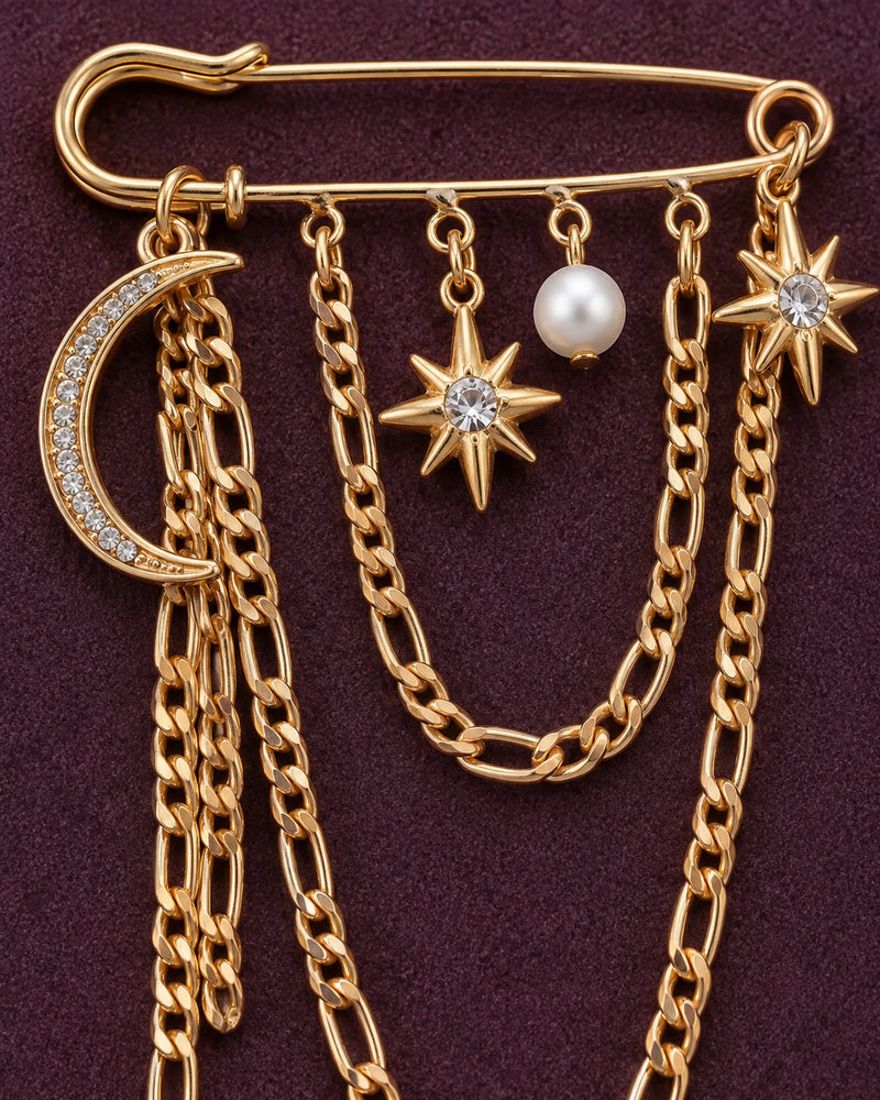 Kuutar Moon and Star Safety Pin Brooch in gold-tone finish — detail study of the motif and chains