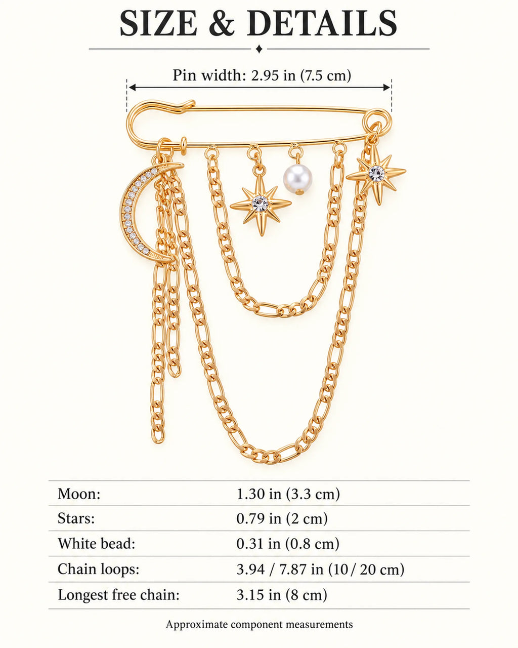Kuutar Moon and Star Safety Pin Brooch in gold-tone finish — verified dimensions guide