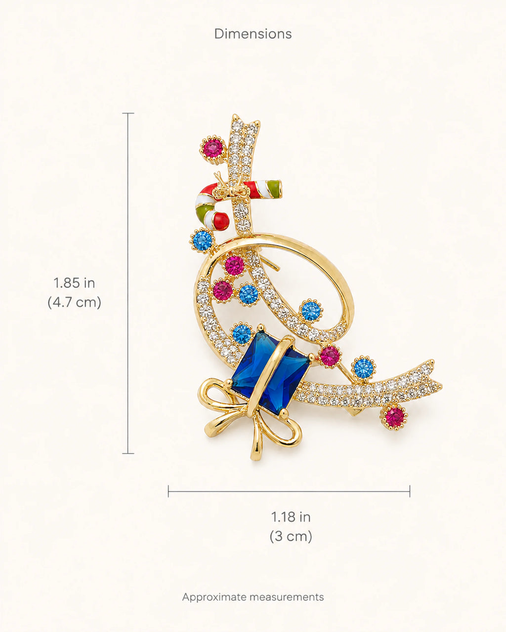 Lahja brooch dimensions: approximately 1.85 by 1.18 inches, or 4.7 by 3 centimeters.