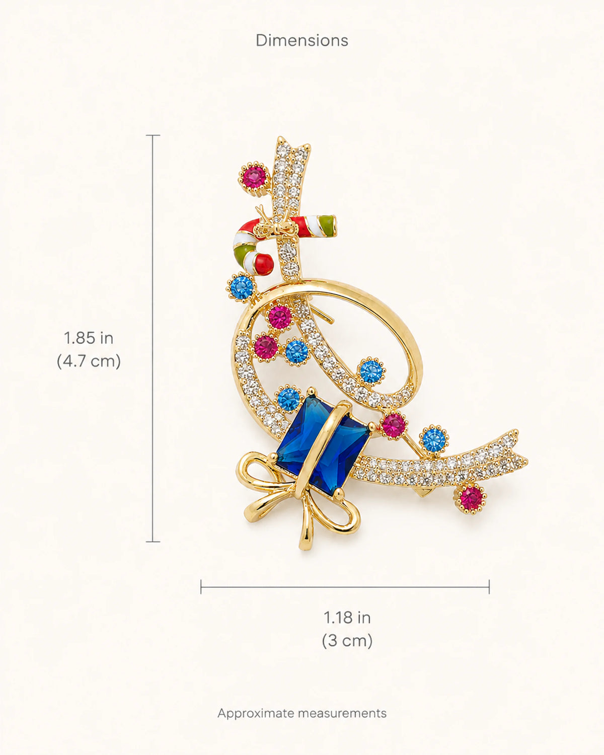 Lahja brooch dimensions: approximately 1.85 by 1.18 inches, or 4.7 by 3 centimeters.