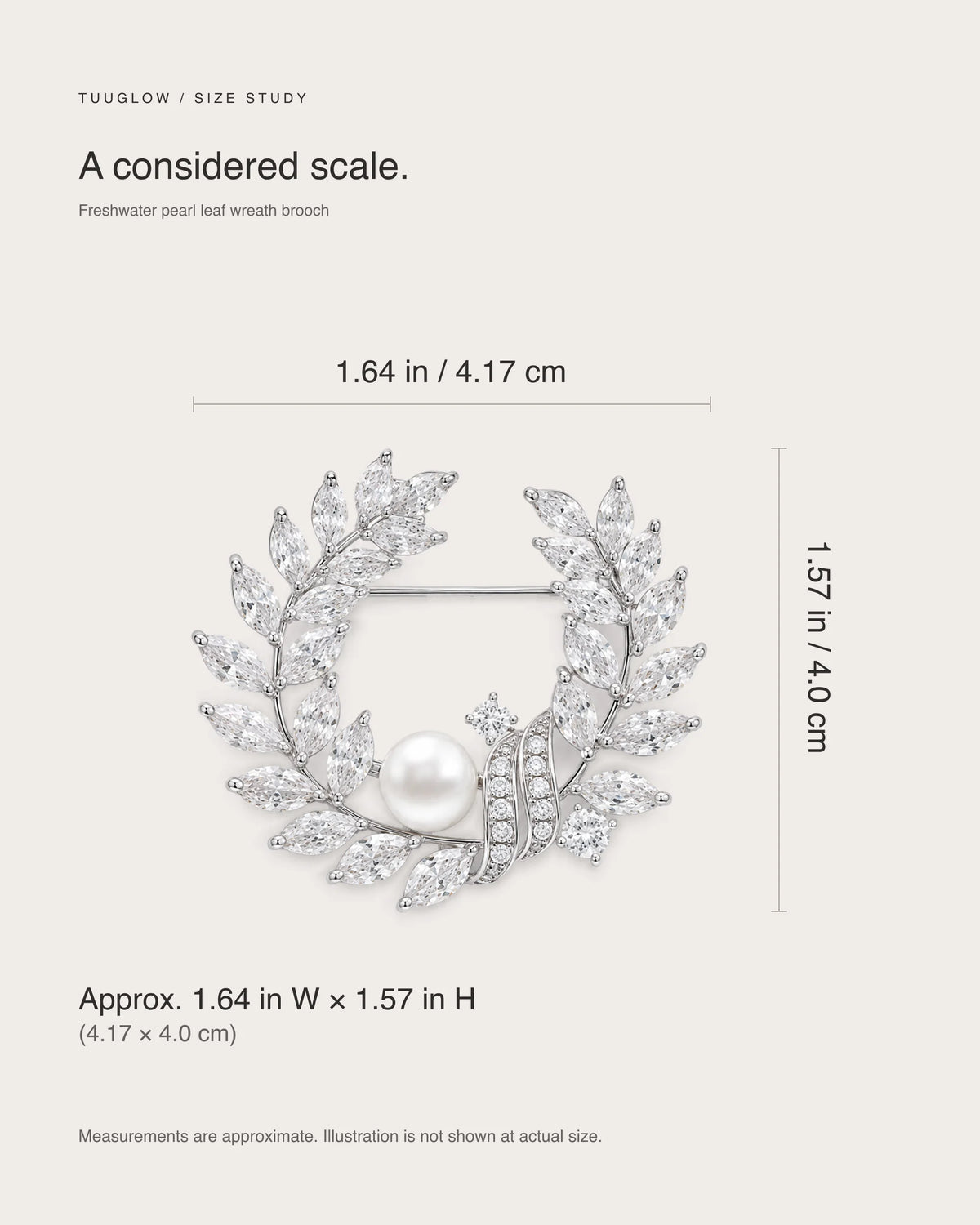Laurea brooch size guide: approximately 1.64 inches wide by 1.57 inches high, or 4.17 by 4.0 centimeters.