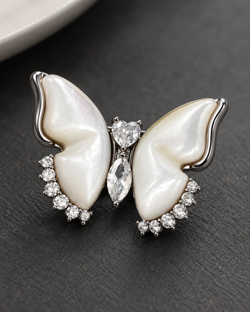 Lento Sculpted Butterfly Magnetic Brooch, Silver & White, detail close-up