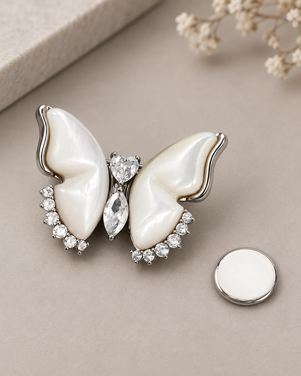 Lento Sculpted Butterfly Magnetic Brooch, Silver & White with separate magnetic backing