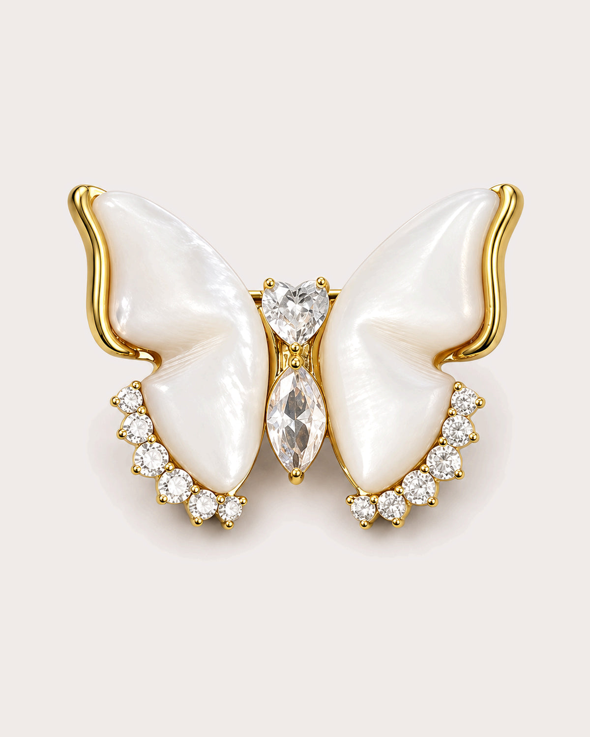 Lento Sculpted Butterfly Magnetic Brooch, Gold & White, front product view
