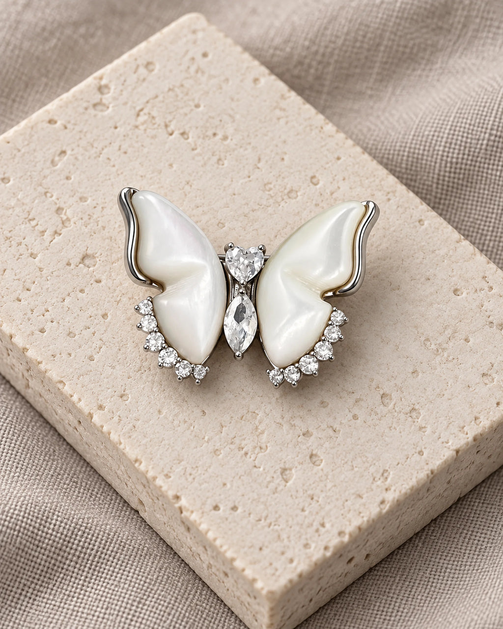 Lento Sculpted Butterfly Magnetic Brooch, Silver & White, product still life