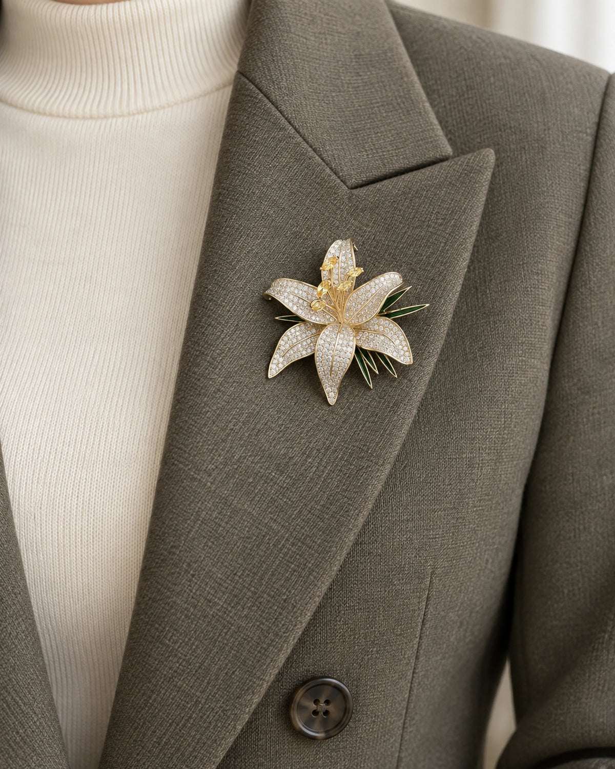 Lilja Stone-Set Lily Brooch — close wearing view on a tailored lapel