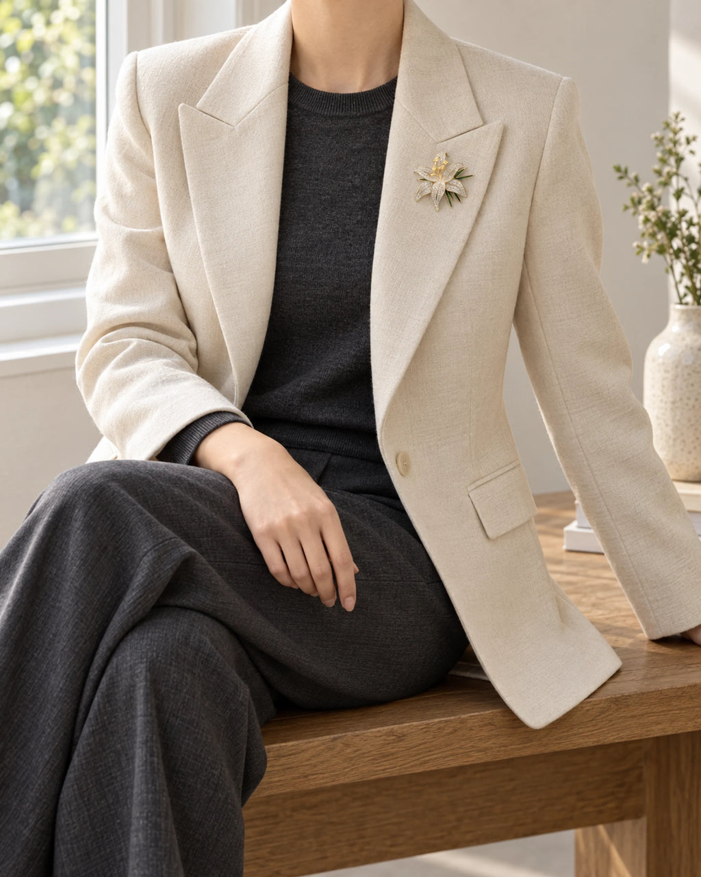 Lilja Stone-Set Lily Brooch — wider outfit view with the brooch on a lapel