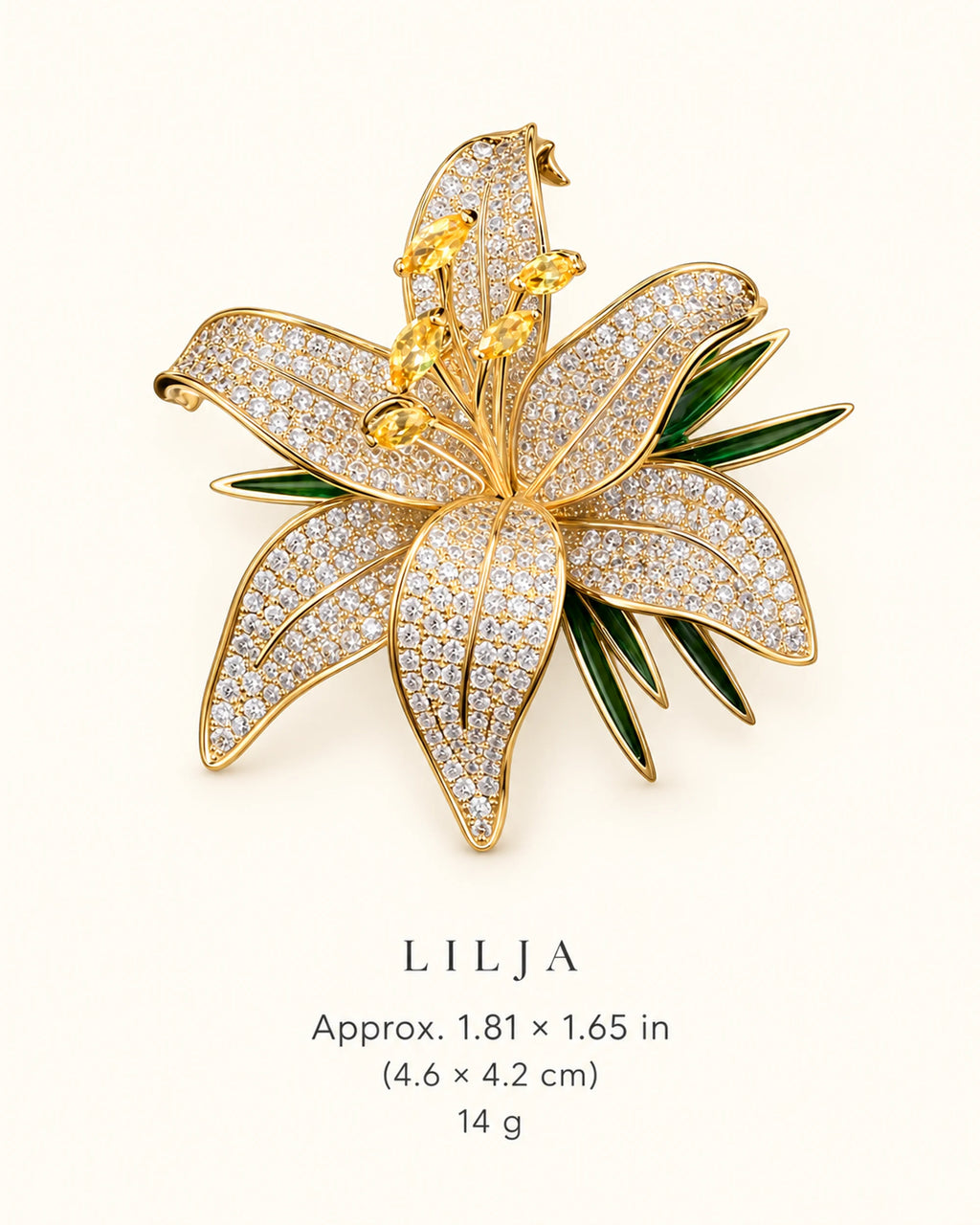 Lilja Stone-Set Lily Brooch — verified dimensions guide