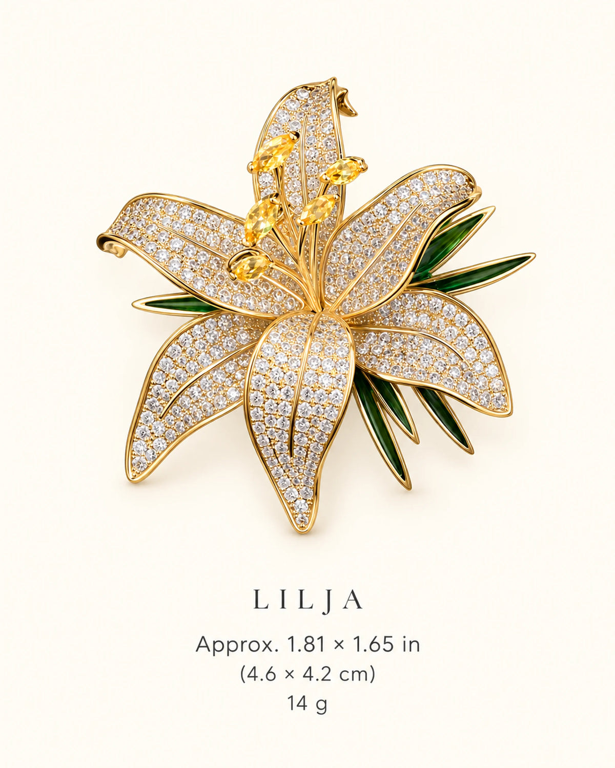 Lilja Stone-Set Lily Brooch — verified dimensions guide