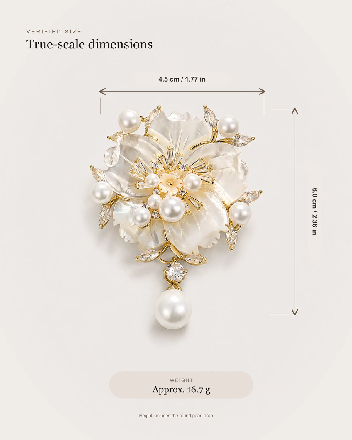 Linnea Pearl Shell Flower Brooch size guide showing approximately 4.5 by 6.0 centimetres and 16.7 grams