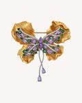 Liora Sculpted Butterfly Drop Brooch — Gold, Lavender & Green front view