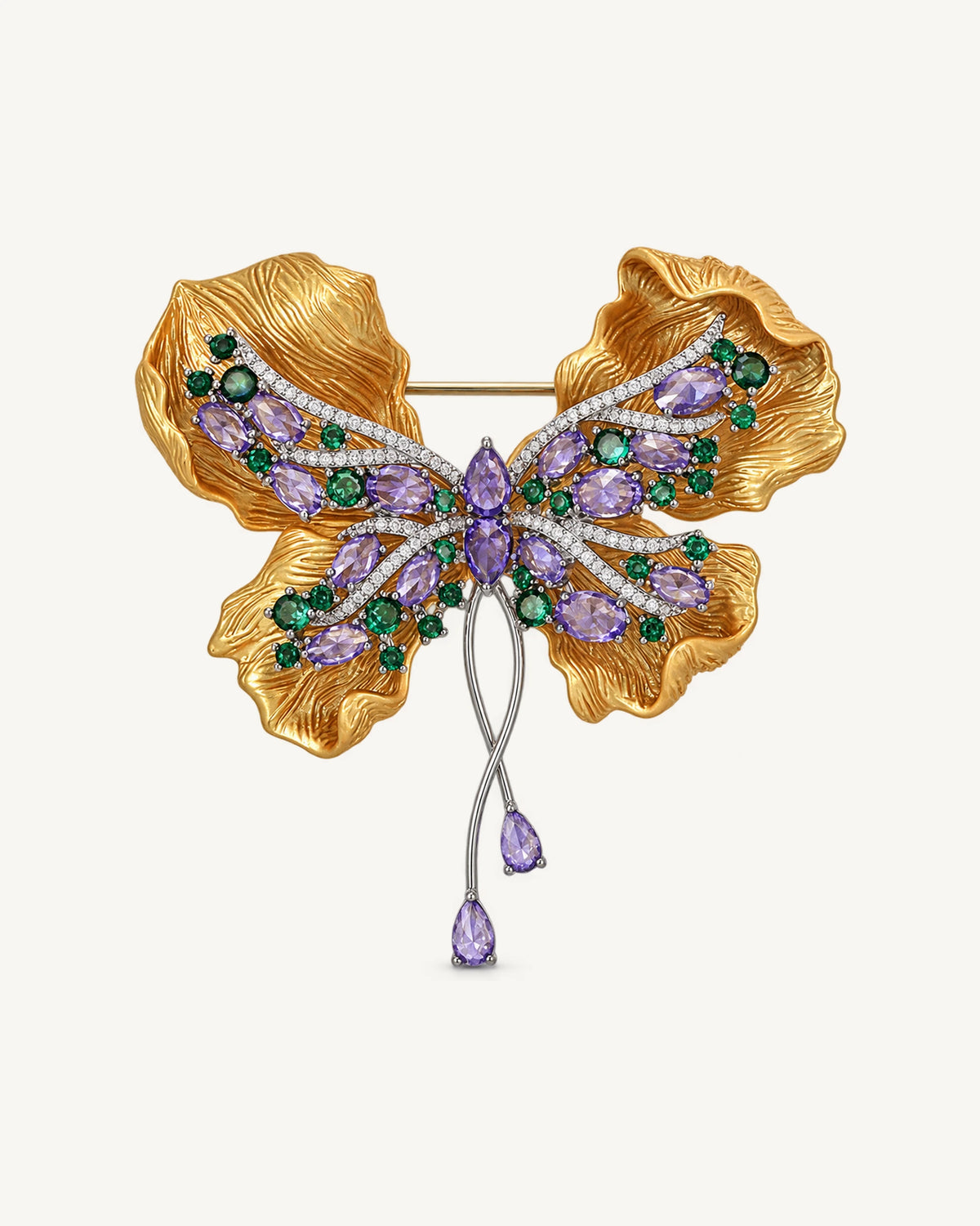 Liora Sculpted Butterfly Drop Brooch — Gold, Lavender & Green front view