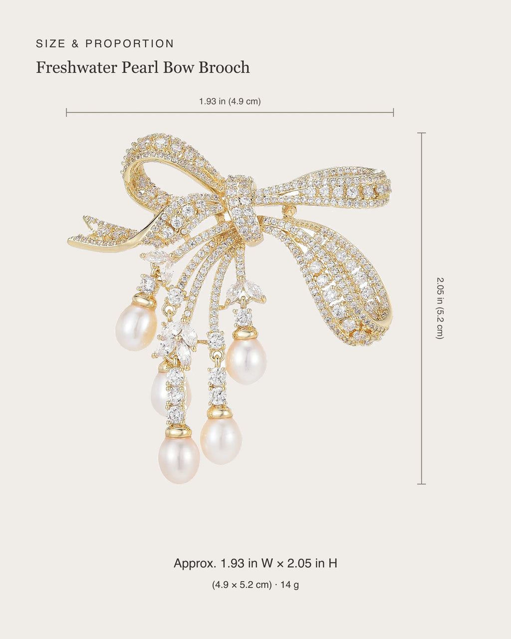 Bow brooch size: approximately 1.93 inches wide by 2.05 inches high, or 4.9 by 5.2 centimeters