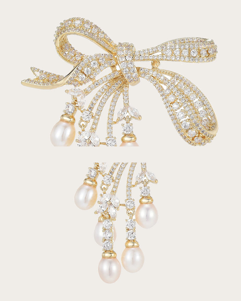 Close details of the clear-stone ribbon bow and freshwater pearl drop connectors