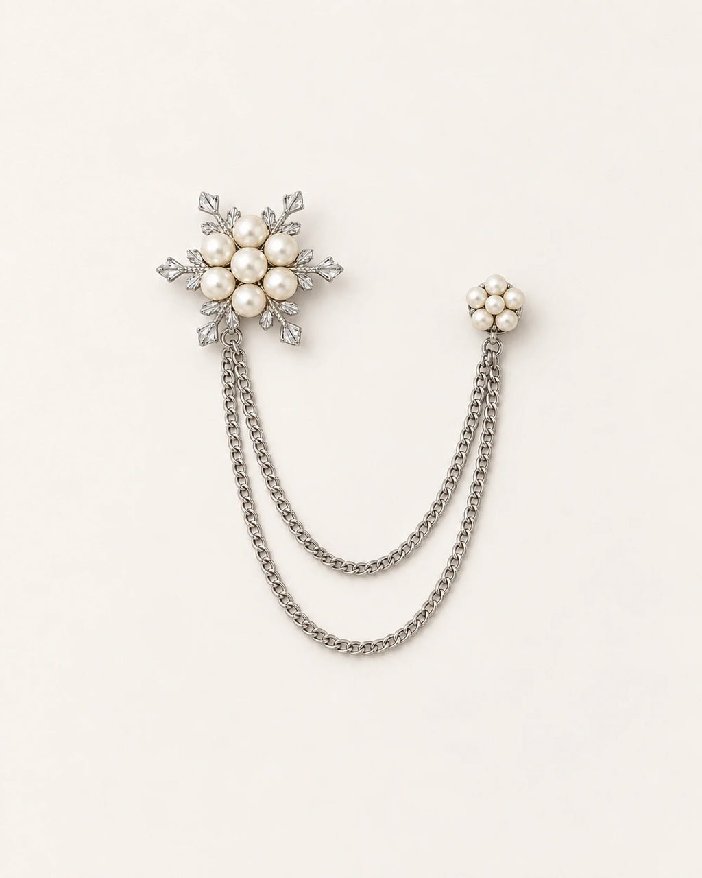 Lume Snowflake Lapel Chain Brooch in silver-tone finish; complete front view