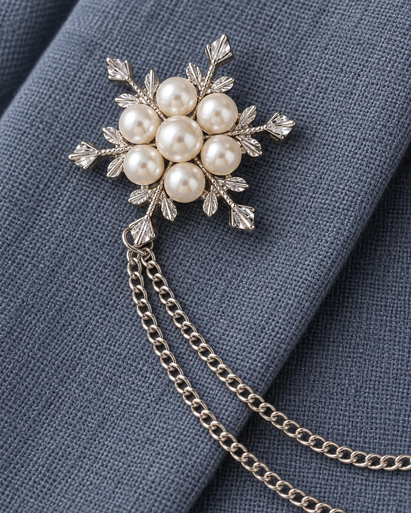 Lume Snowflake Lapel Chain Brooch in silver-tone finish; motif and chain detail